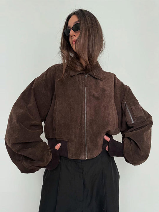 Damen Oversized Wildlederjacke mit gepolsterten Ärmeln R&B