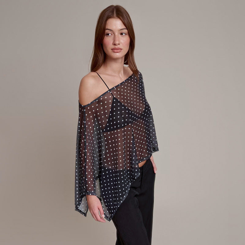Damen transparentes Oberteil mit asymmetrischem Schnitt und Polka-Dots R&B