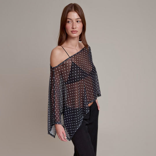 Damen transparentes Oberteil mit asymmetrischem Schnitt und Polka-Dots R&B