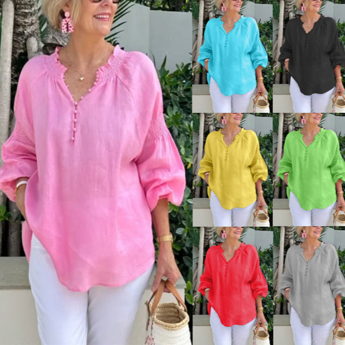 Damen Leichte Bluse mit elastischen Puffärmeln und Knopfleiste R&B