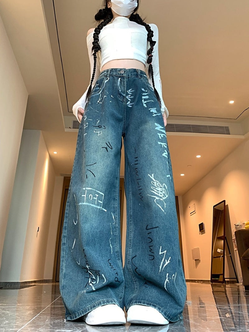 Damen Weite Jeanshose mit kreativem Graffiti-Design R&B