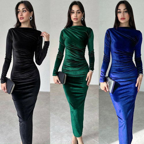 Damen Elegantes Langarmkleid mit körperbetonter Silhouette und gerafftem Design R&B
