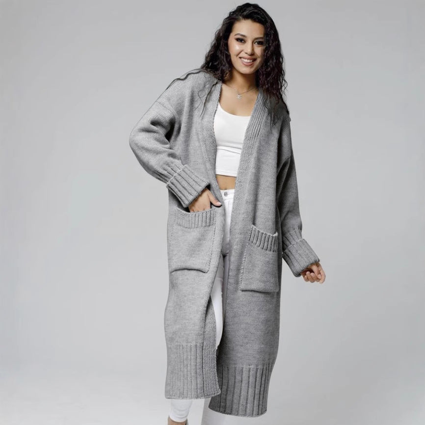 Damen Langer Strickmantel mit praktischen Taschen und strukturiertem Design R&B