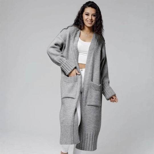 Damen Langer Strickmantel mit praktischen Taschen und strukturiertem Design R&B