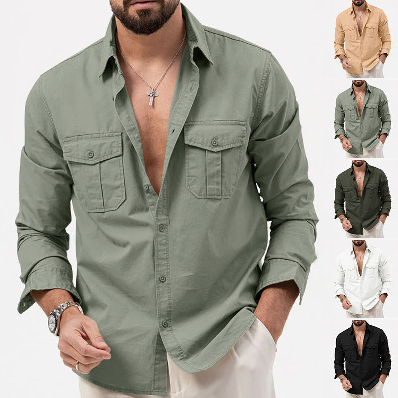 Herren nan legeres Baumwoll-Twill-Hemd mit aufgesetzten Brustklappen und Kentkragen R&B