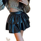 Damen Mini-Rock mit voluminösem Stufen-Design aus hochwertigem Kunstleder R&B