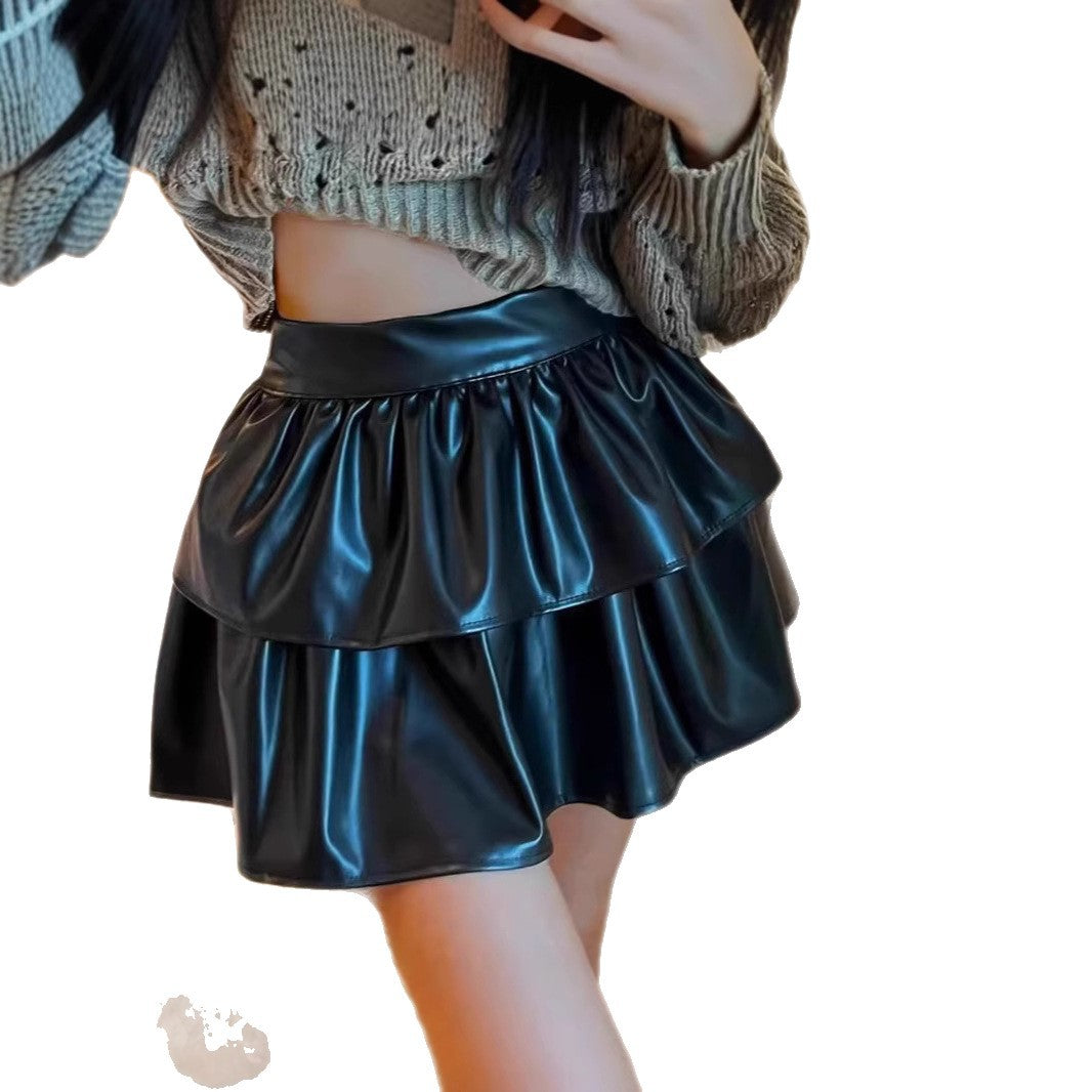 Damen Mini-Rock mit voluminösem Stufen-Design aus hochwertigem Kunstleder R&B