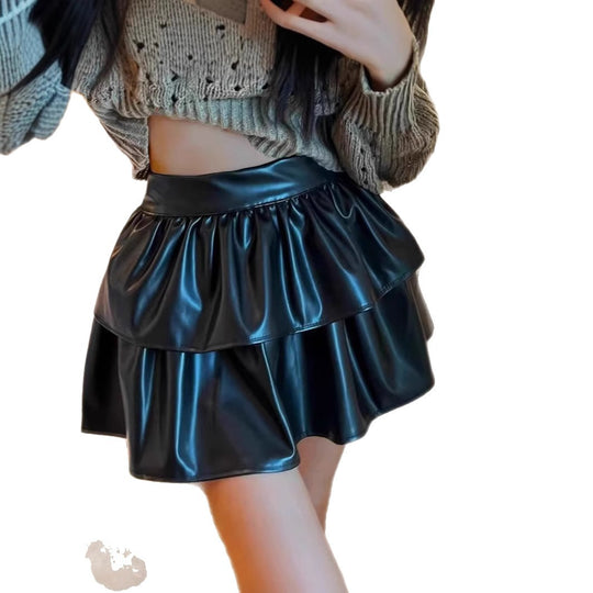 Damen Mini-Rock mit voluminösem Stufen-Design aus hochwertigem Kunstleder R&B