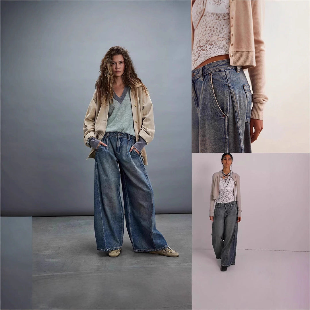 Damen Weite High-Waist Jeans mit Vintage-Details