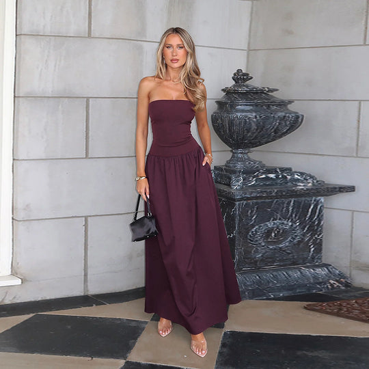 Damen elegantes Bandeau-Maxi-Kleid mit schwingendem Rock und elastischem Bund R&B