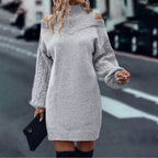 Damen Strickkleid mit kaltem Schulterdesign und Zopfmuster