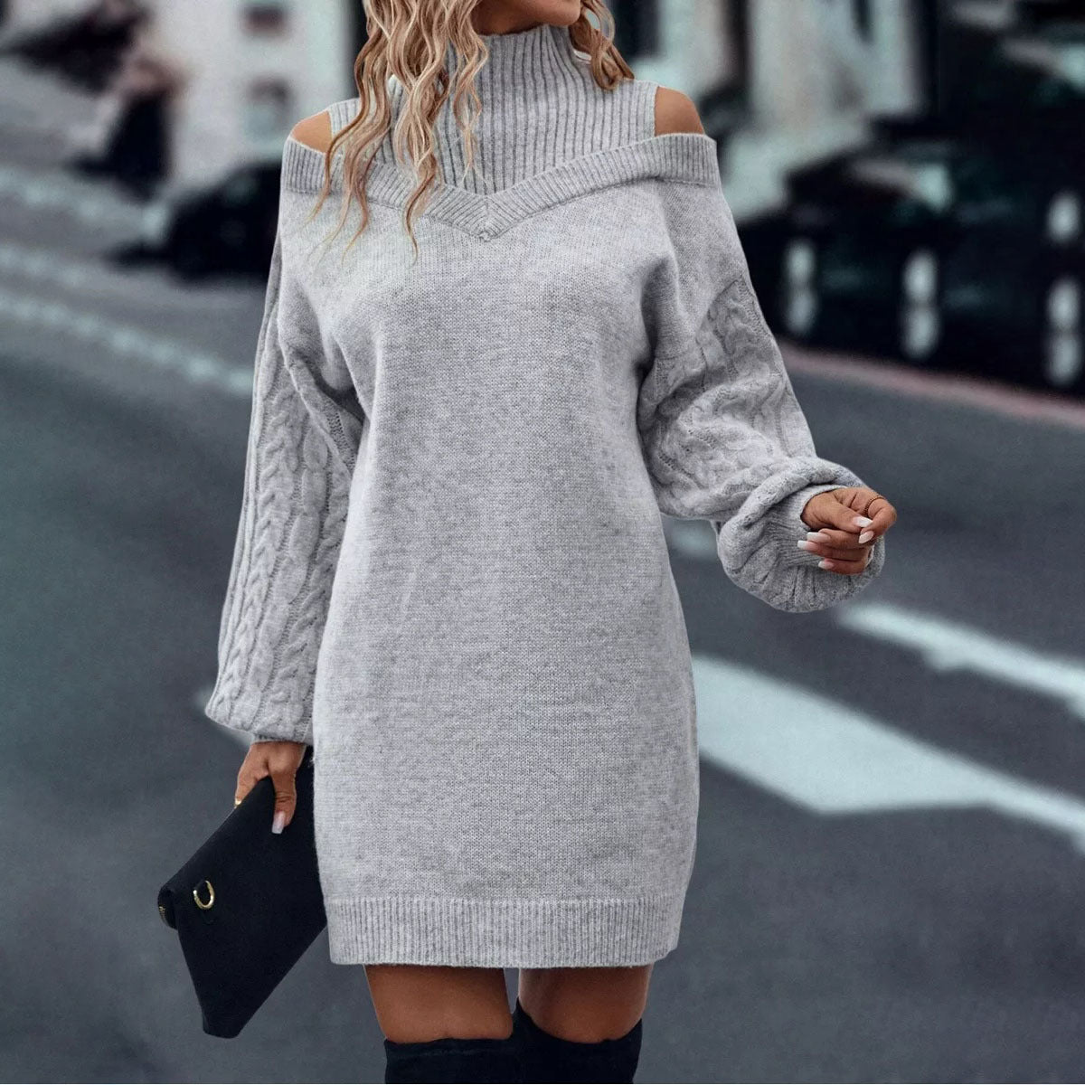 Damen Strickkleid mit kaltem Schulterdesign und Zopfmuster