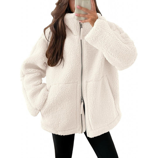 Damen Kuschelige Teddyfelljacke mit hohen Kragen und Reißverschluss R&B
