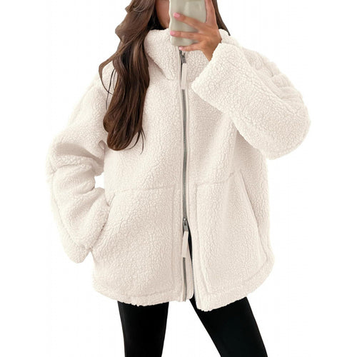 Damen Kuschelige Teddyfelljacke mit hohen Kragen und Reißverschluss R&B