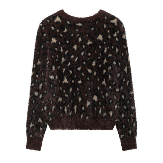 Damen Kuschelige Leopardenmuster-Strickjacke mit eleganten Knopfdetails R&B