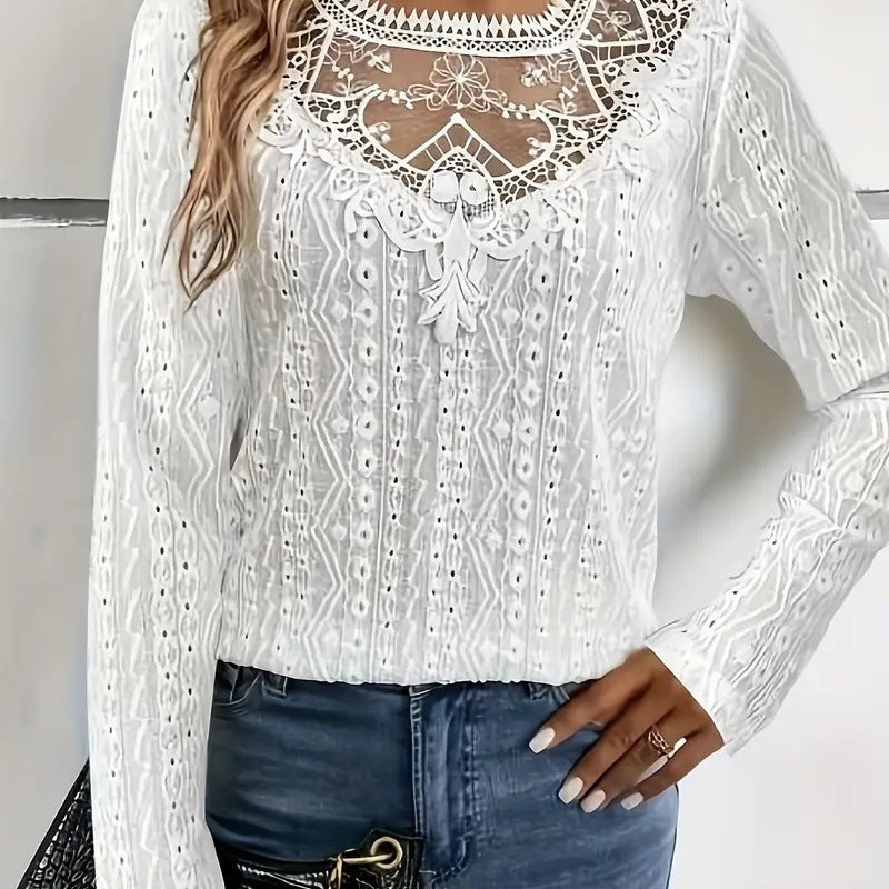 Damen elegante Bluse mit Spitzeneinsätzen und detailliertem Lochmuster R&B
