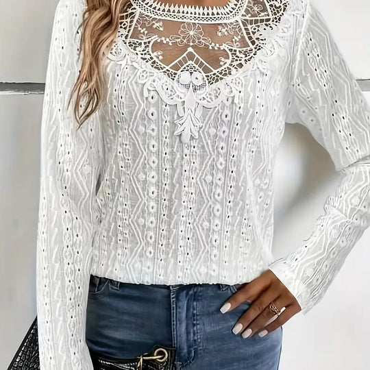Damen elegante Bluse mit Spitzeneinsätzen und detailliertem Lochmuster R&B