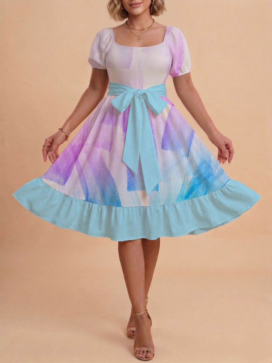 Damen Retro Maxikleid mit Puffärmeln und Taillengürtel R&B