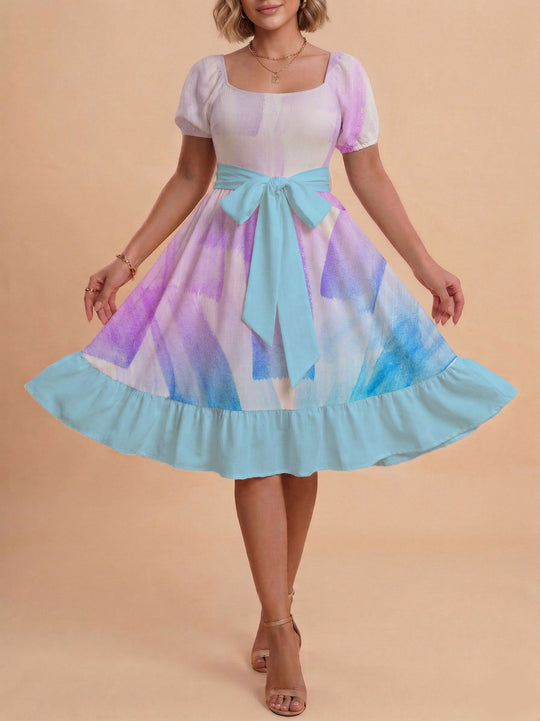 Damen Retro Maxikleid mit Puffärmeln und Taillengürtel R&B