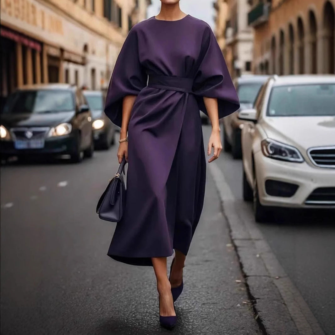 Damen Maxi-Kleid mit voluminösen Ärmeln und elegantem Drapierungsdesign R&B