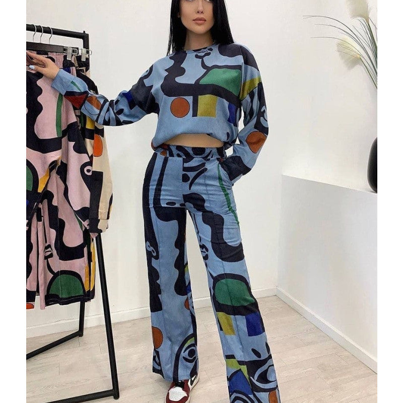 Damen Lässiges Shirt- und Hosen-Set mit buntem grafischen Muster R&B
