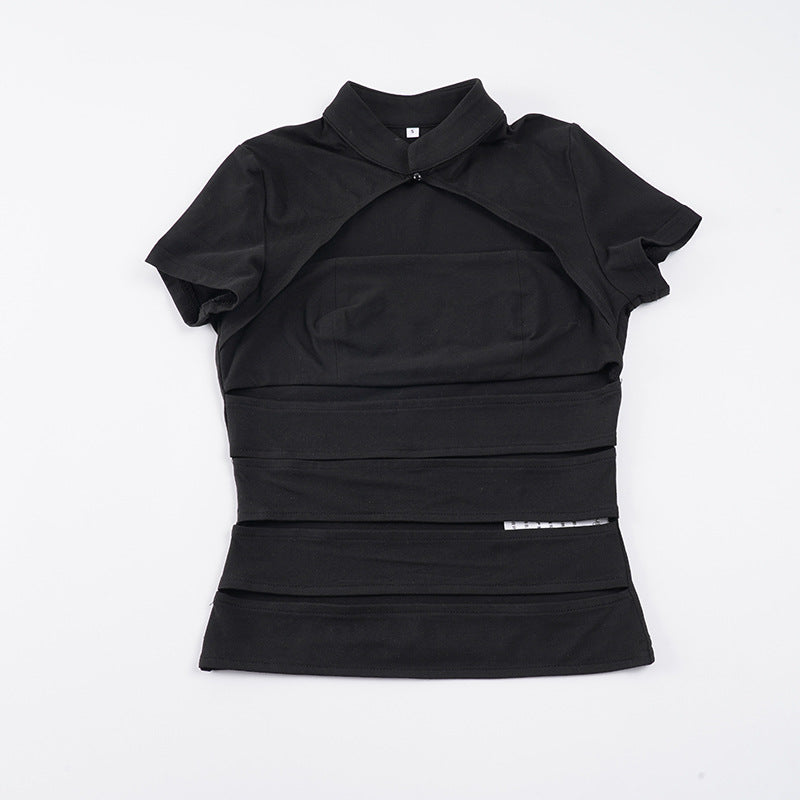 Damen Cropped Blusenshirt aus strapazierfähigem Stretchmaterial mit elegantem Stehkragen R&B