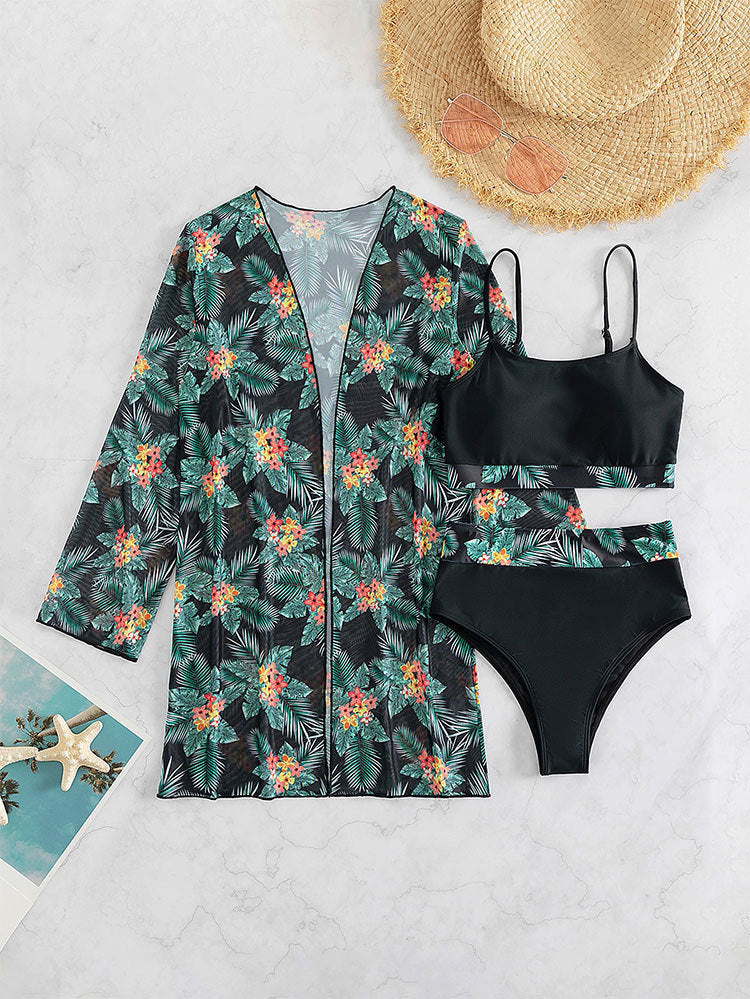 Damen Bikini-Set mit floralem Hohe-Taillenslip und passendem Kimono R&B