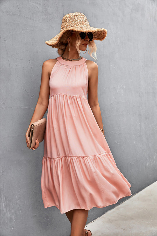 Damen luftiges Sommerkleid mit schwingendem Rock und hohem Hals R&B