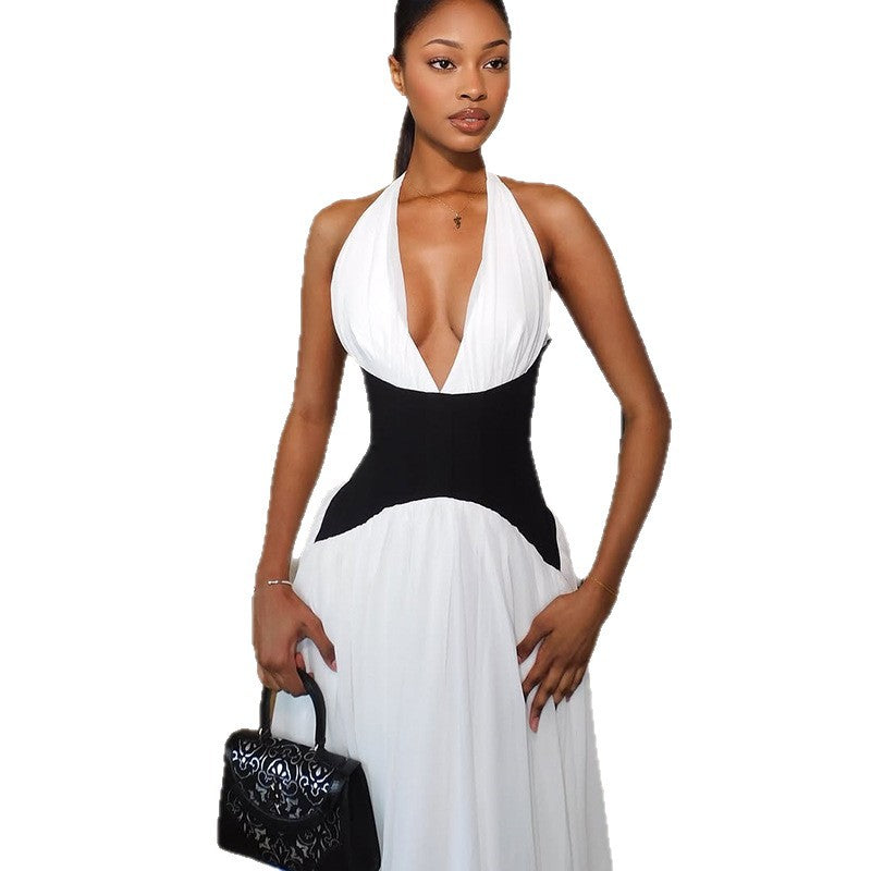 Damen Elegantes Maxikleid mit tiefem V-Ausschnitt und stilvollem Farbkontrast R&B