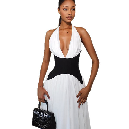 Damen Elegantes Maxikleid mit tiefem V-Ausschnitt und stilvollem Farbkontrast R&B