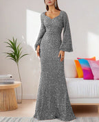 Damen Glamouröses Glitzer-Abendkleid mit schwingendem Rock und voluminösen Ärmeln EB