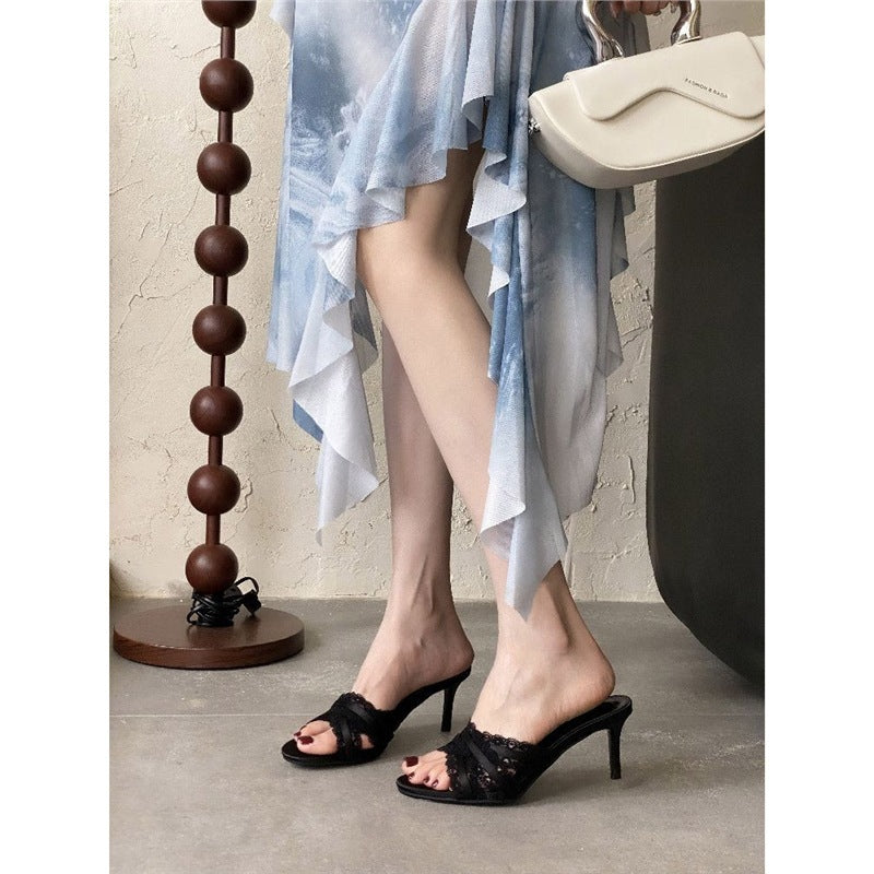 Damen High Heel Sandaletten mit zierlichen Spitzenverzierungen R&B