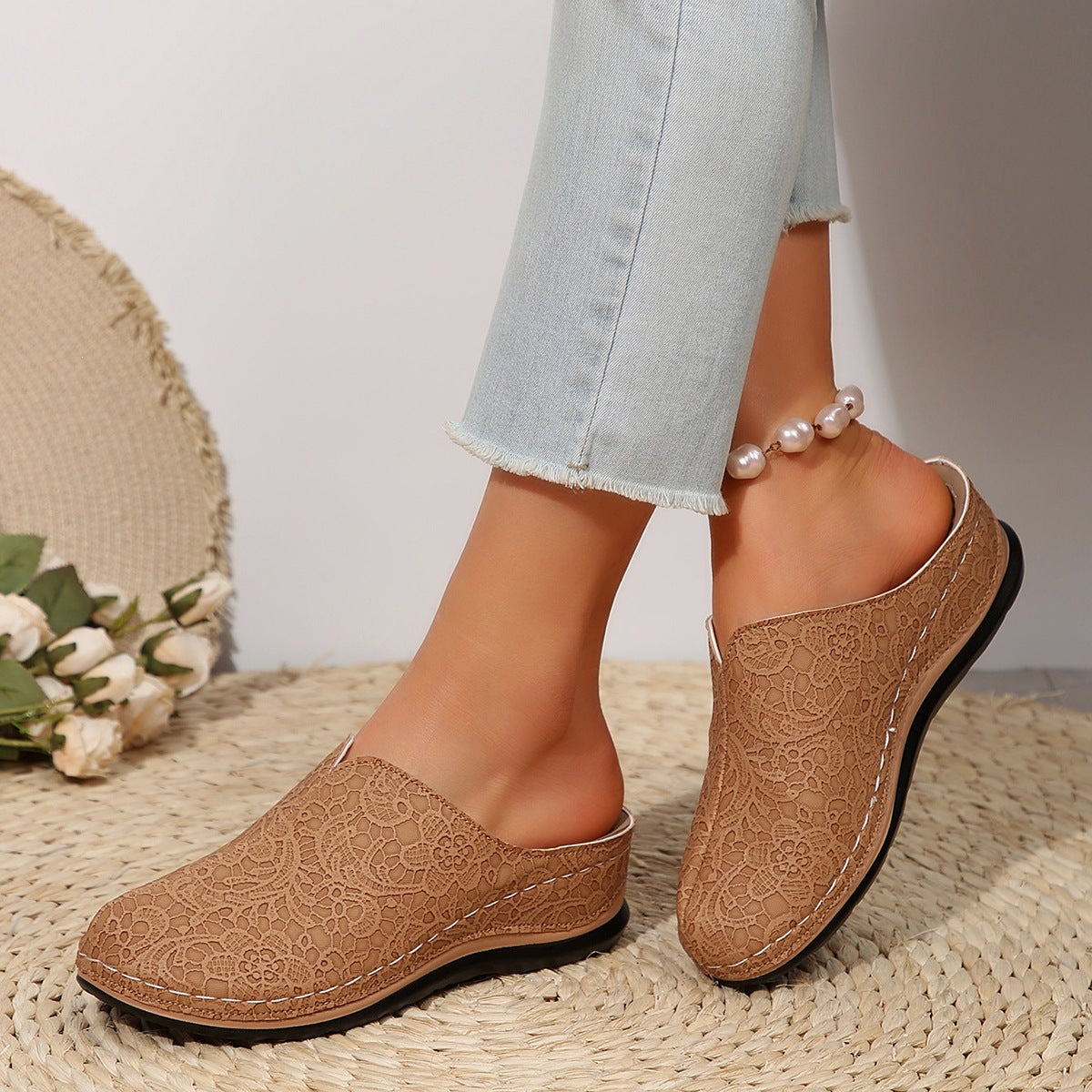 Damen Clogs mit floralen Spitzen und rutschfester Sohle R&B