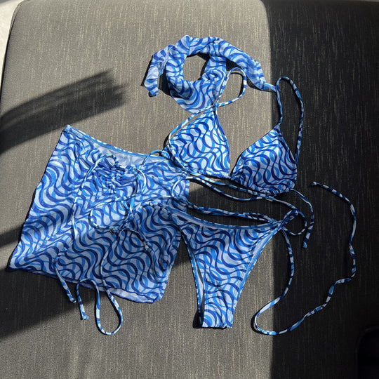 Damen Wickel-Bikini-Set mit floralem Muster und verspieltem Rock R&B