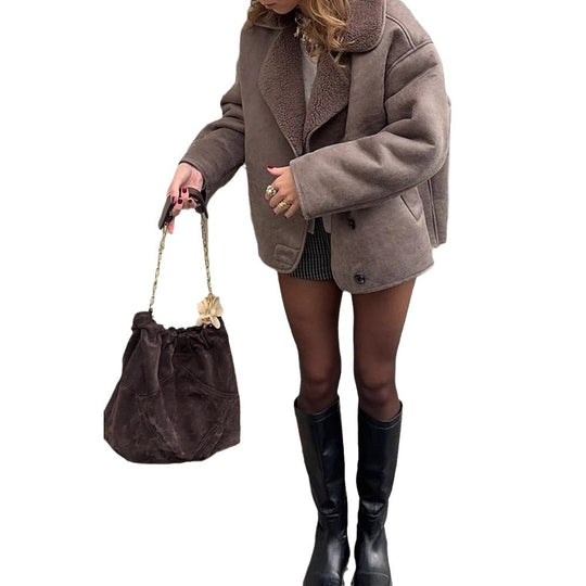 Damen Oversized Kunstlederjacke mit strukturiertem Futter und lässigem Schnitt R&B