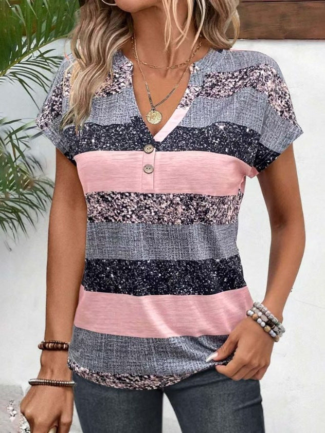 Damen Kurzarm Blusenshirt mit ansprechendem Streifendesign und dekorativen Knopfdetails Heidi-Mode