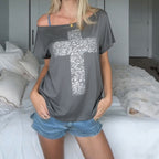 Damen Off-Shoulder Shirt mit Kreuzmotiv R&B