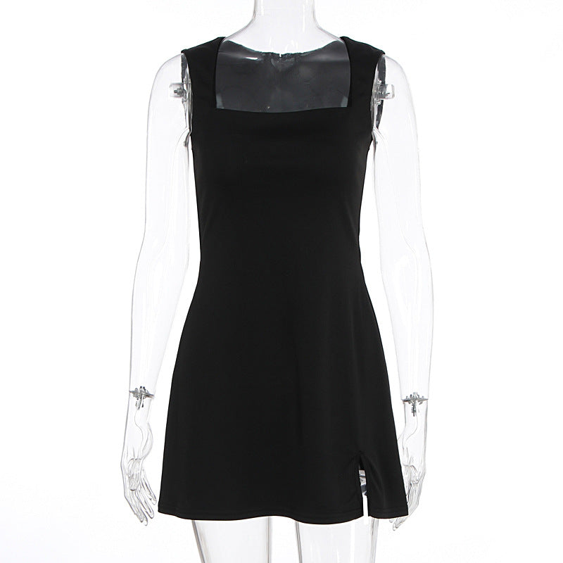 Damen Elegantes ärmelloses Kleid mit quadratischem Ausschnitt und hohem Schlitz R&B
