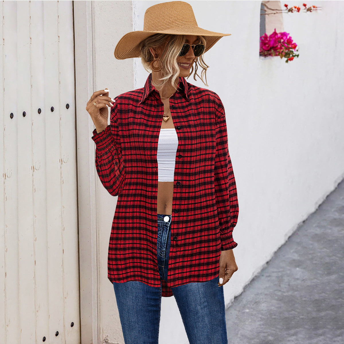 Damen Karobluse mit angeschnittenen Ärmeln und elastischen Ärmelsäumen R&B