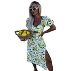 Damen Maxikleid mit fruchtigem Print und seitlichem Schlitz R&B