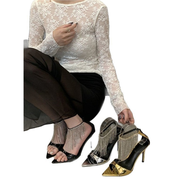 Damen spitze High Heel Sandalen mit funkelndem Strassbesatz R&B