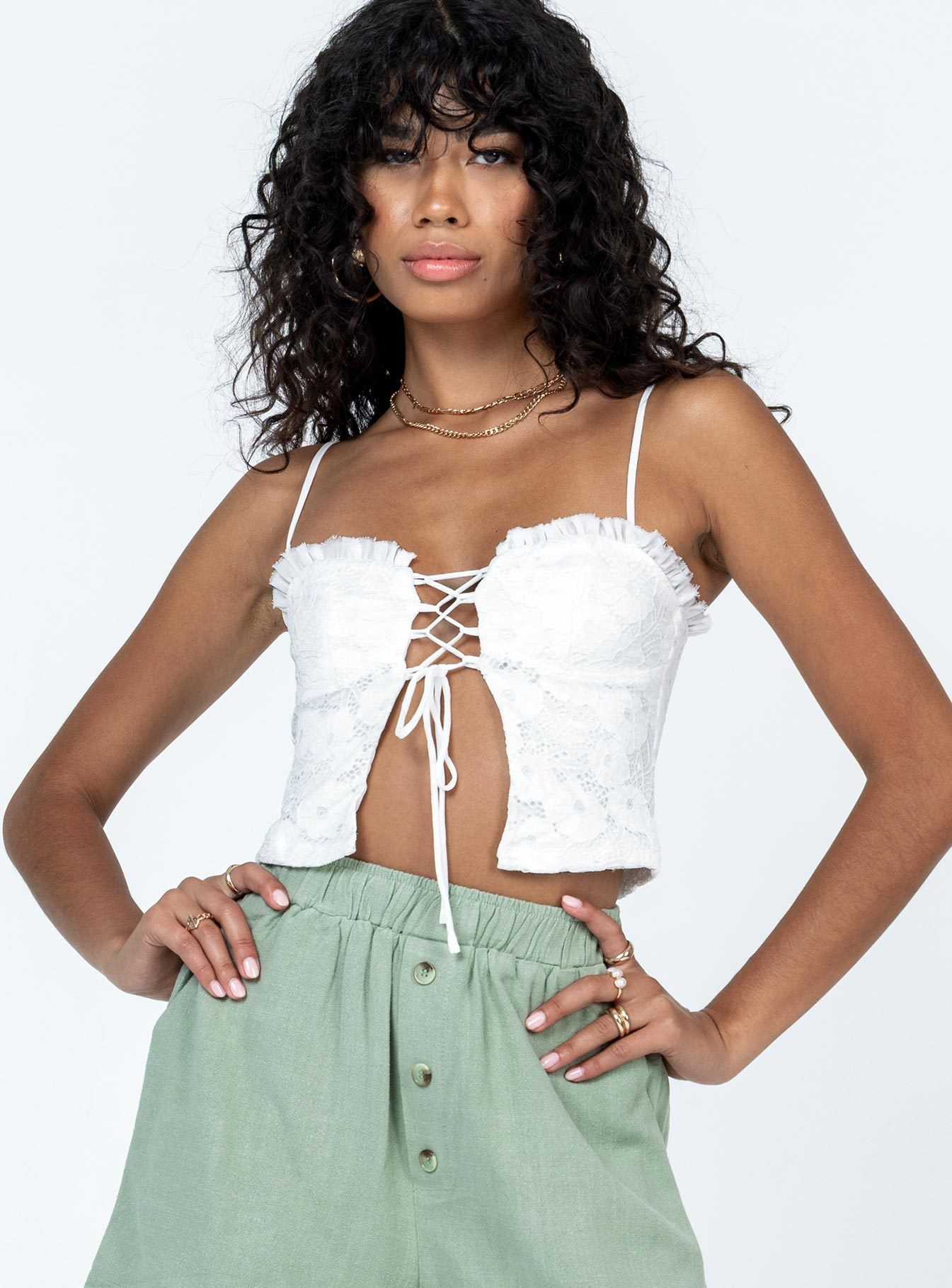 Damen Spitzen-Top mit Schnürung und Rüschendetail R&B