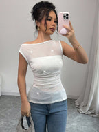 Damen nan figurbetontes Mesh-Top mit Strassbesatz, asymmetrischem Ausschnitt und Taillenraffung R&B