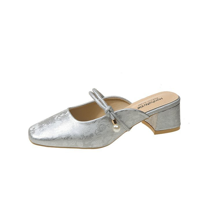 Damen modische Mules mit schicker Perlenapplikation und elegantem Blockabsatz R&B