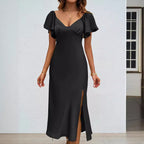 Damen Maxikleid mit eleganten Puffärmeln und seitlichem Schlitz R&B
