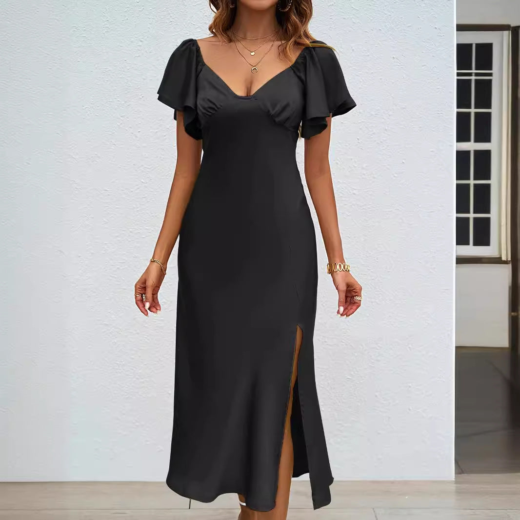 Damen Maxikleid mit eleganten Puffärmeln und seitlichem Schlitz R&B