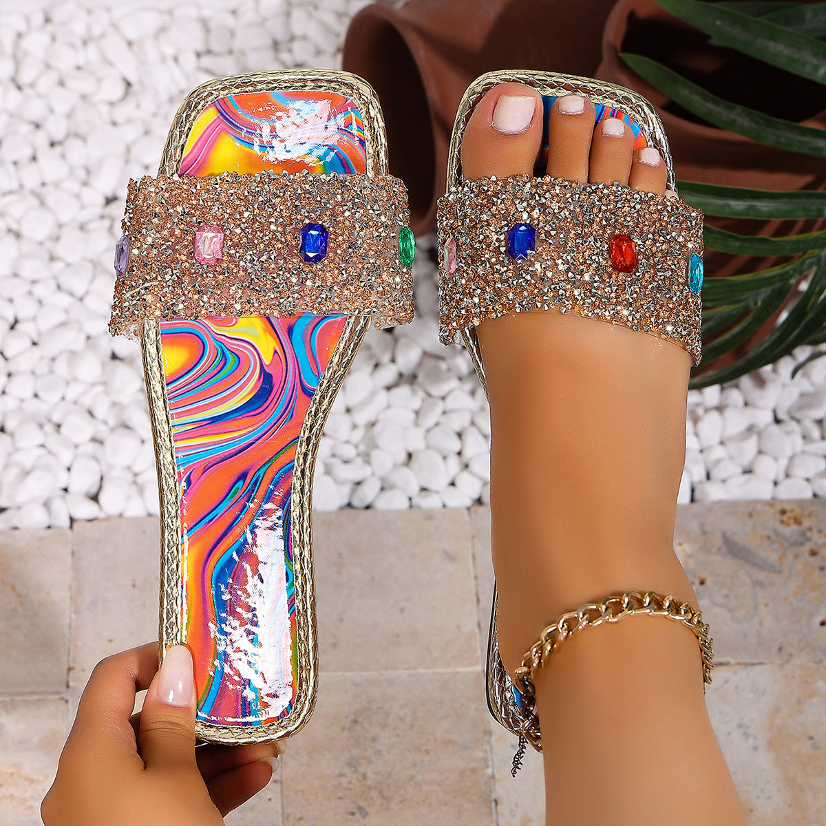 Damen glamouröse Pantoletten mit glitzerndem Riemen und bunten Kristalle R&B