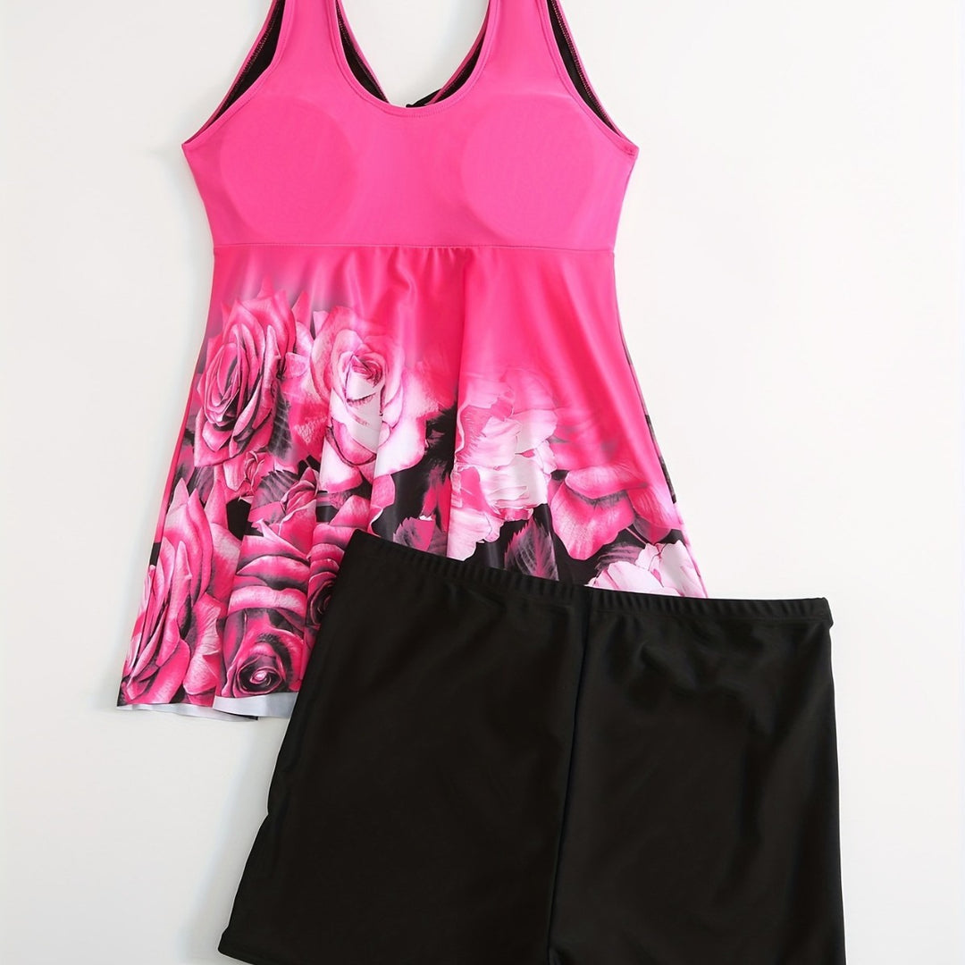 Damen Badeanzug mit Hohem Schnitt und Blumendruck R&B