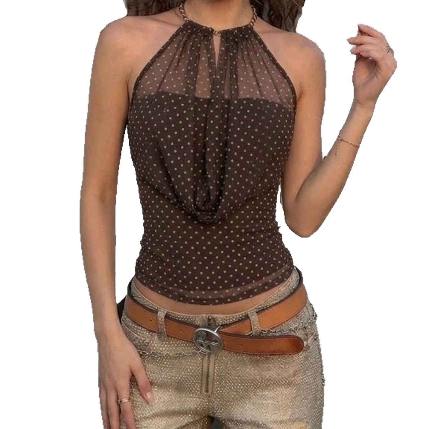 Damen Elegantes Neckholder-Top mit transparenten Akzenten und verspieltem Punkte-Design R&B