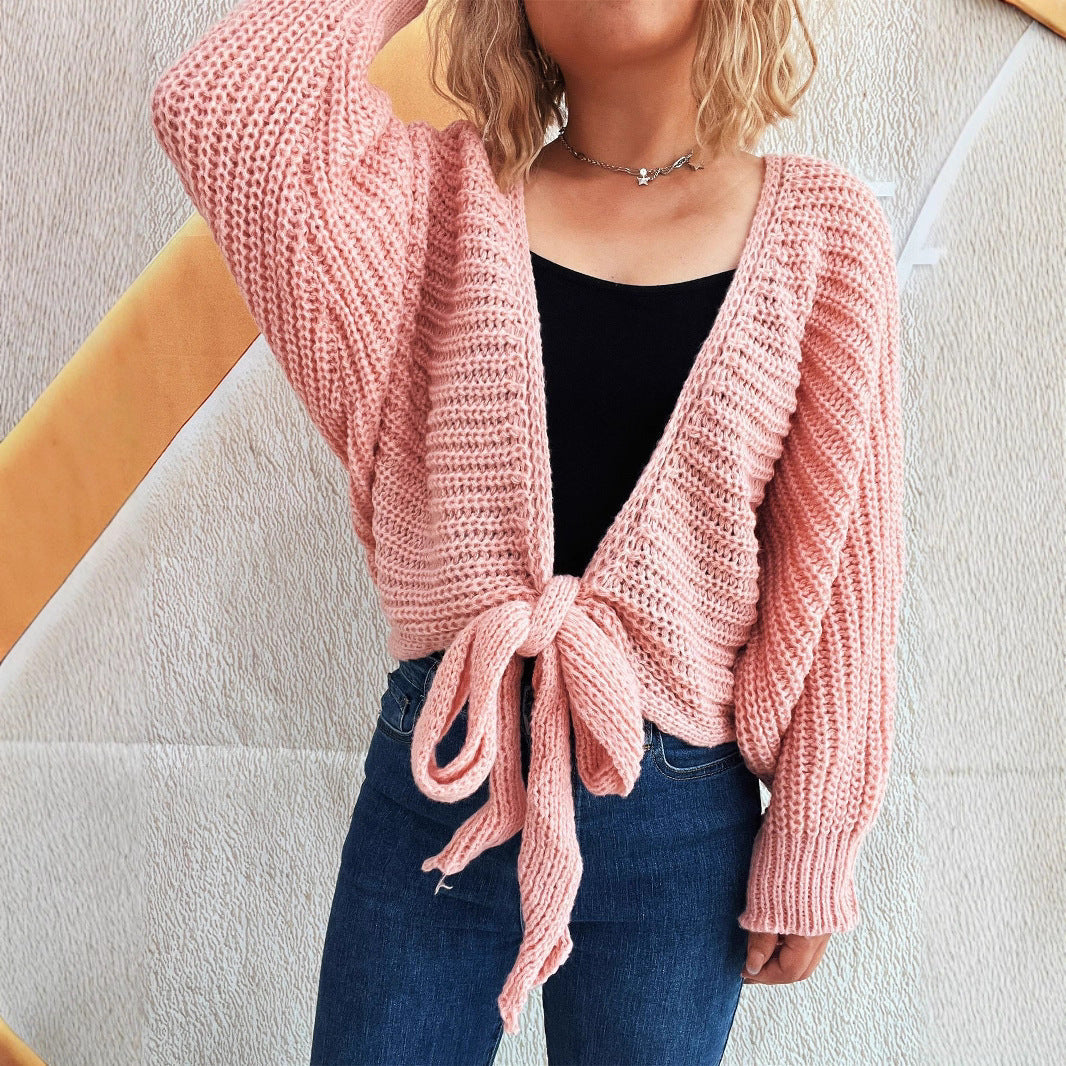 Damen Strickjacke mit verspieltem Bindegürtel und voluminösen Ärmeln R&B